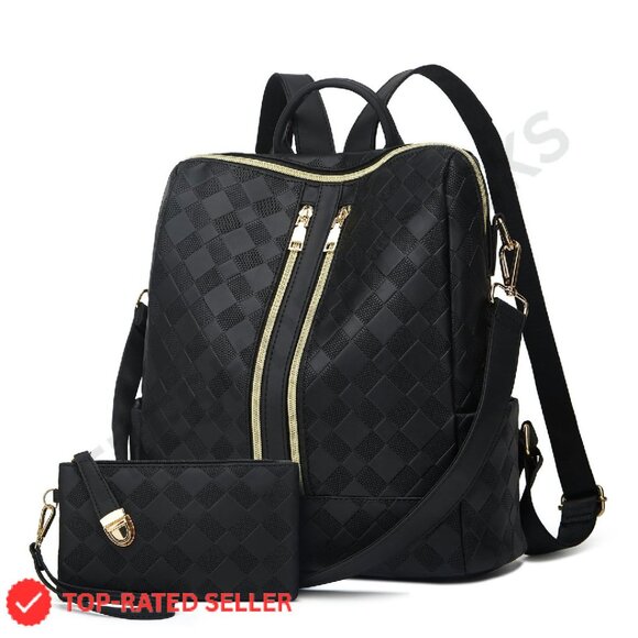 PU Leather Convertible Backpack Purse Set Travel Satchel Handbag Convertible Brown Faux Leather Backpack Set With Clutch  main image 2
